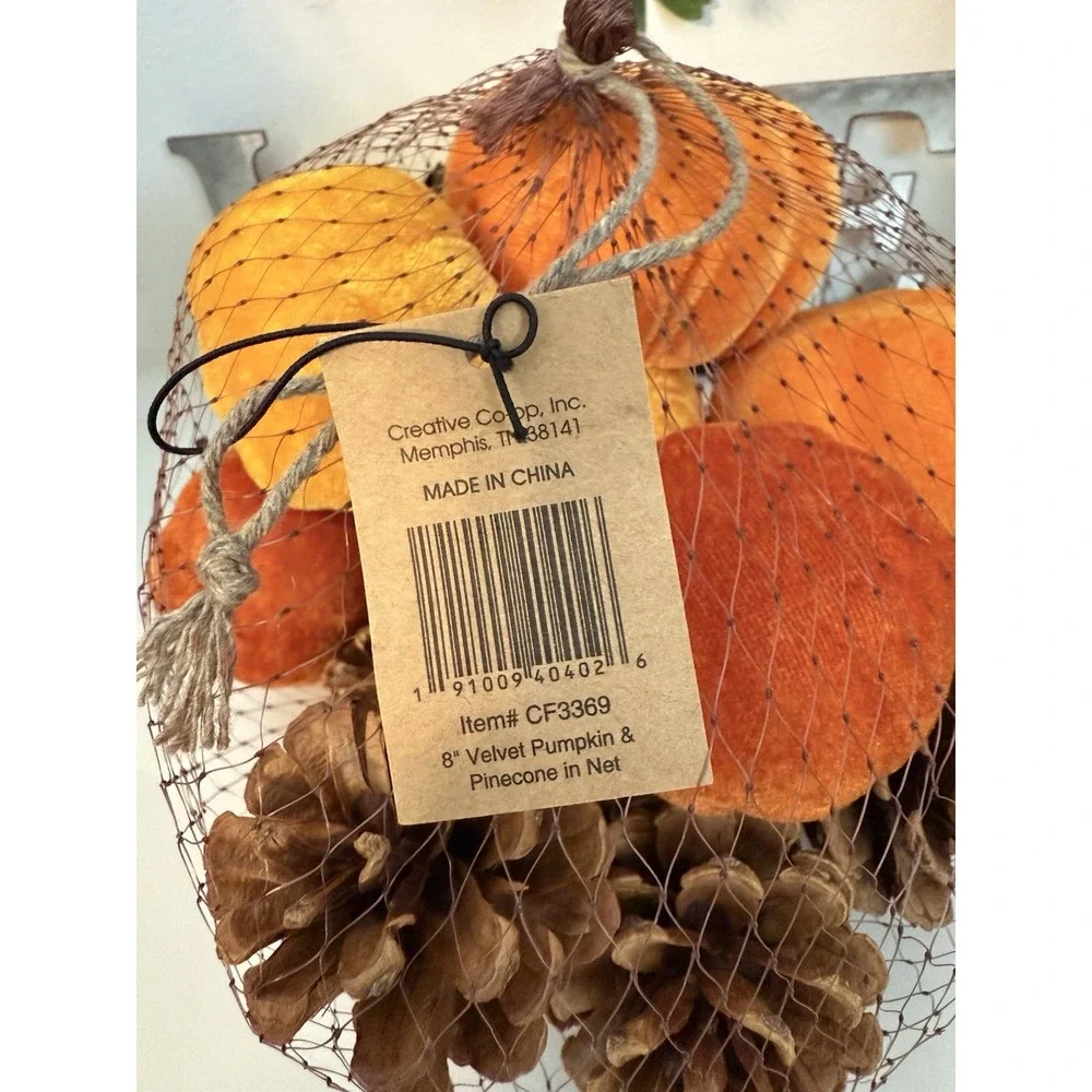 Fall 16 Pcs Velvet Pumpkin and Pinecones Net Bag Decoration Set Assort Sizes New